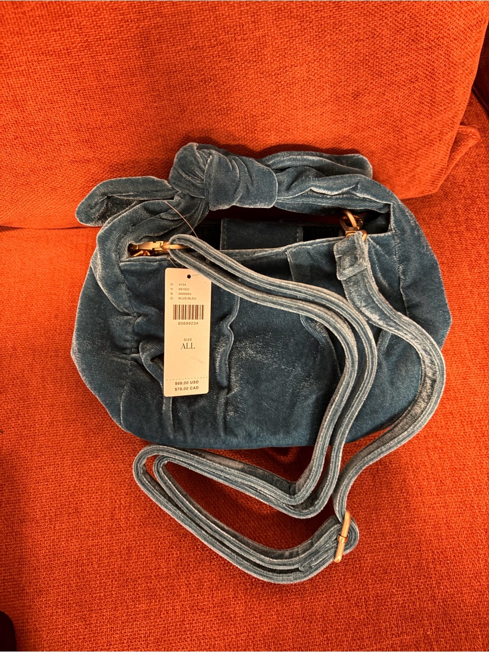 Anthropologie Velvet Knot Top Crossbody Bag Blue NWT Ruched Bow Purse - Picture 2 of 3